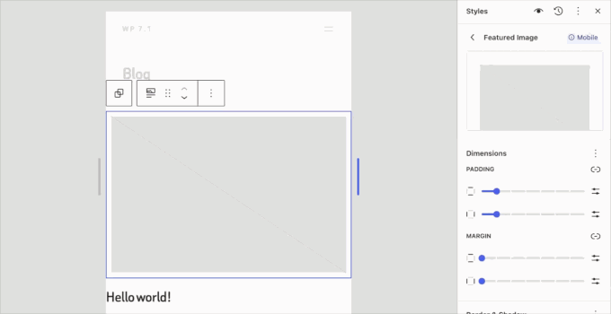 Demonstração animada dos controles de breakpoint para desktop, tablet e celular no WordPress 7.1.